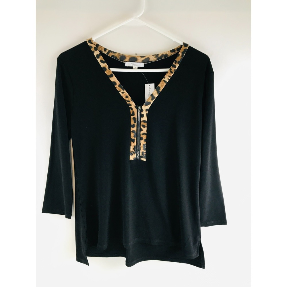 89th & Madison Shirt Women's Size M Black Cheetah Print Half Zip V-Neck NWT